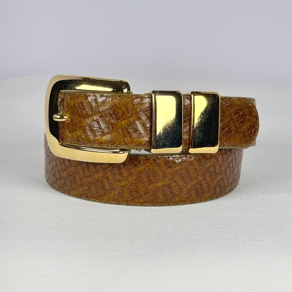 Vintage Doncaster Cognac Brown Textured Leather Belt Embossed Gold Buckle Size S